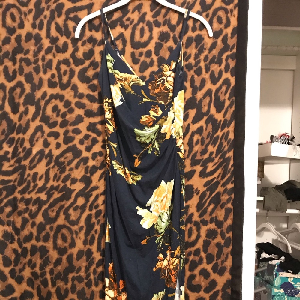 Floral Dress with Slit and swooped neck line